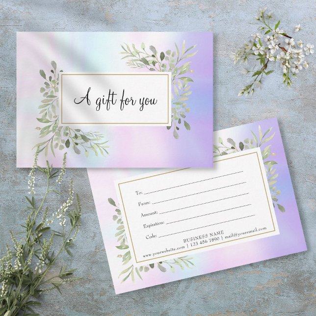 Carte Élégant certificat cadeau Feuille de printemps hol (Elegant Holographic Spring Leaves Gift Certificate)