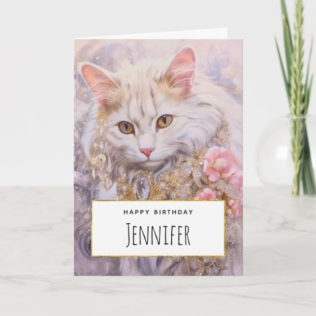 Carte Élégant chat blanc en or et diamants Anniversaire (Devant)