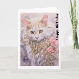 Carte Élégant chat blanc en or et diamants Anniversaire