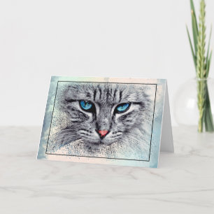 Carte Élégant chat gris et blanc avec yeux bleus