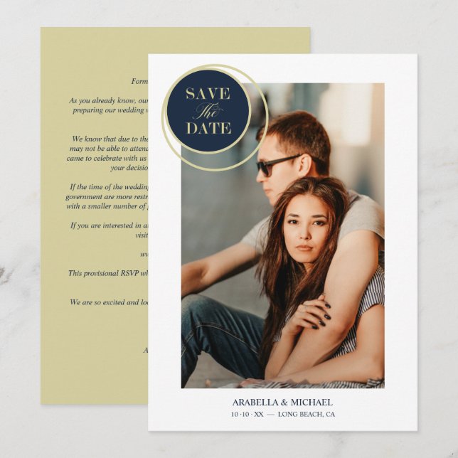 Carte Elegant Chic Navy Gold Photo Sophisticated Wedding (Devant / Derrière)
