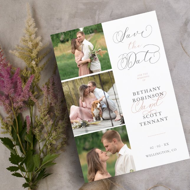Carte Élégant Chic Pink 3 Photos Sophistiqué Mariage (Créateur téléchargé)