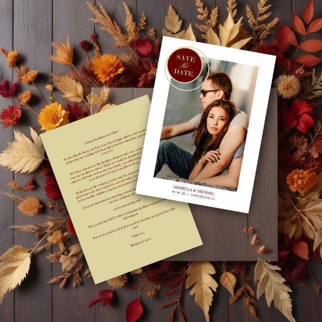 Carte Elégant Chic Red Gold Photo Mariage sophistiqué (Elegant Chic Red Gold Photo Sophisticated Wedding Save the date.)