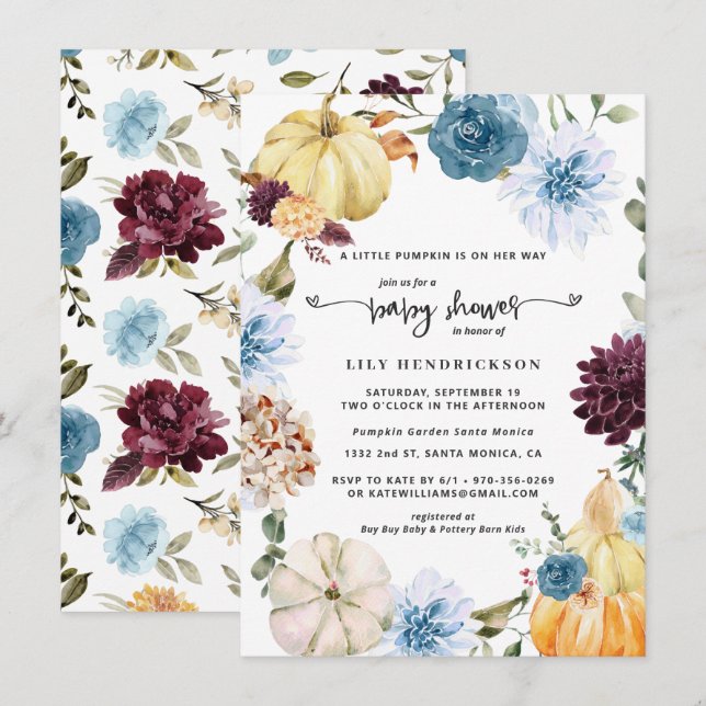 Carte Élégant Citrouille floral | Baby shower d'automne (Devant / Derrière)