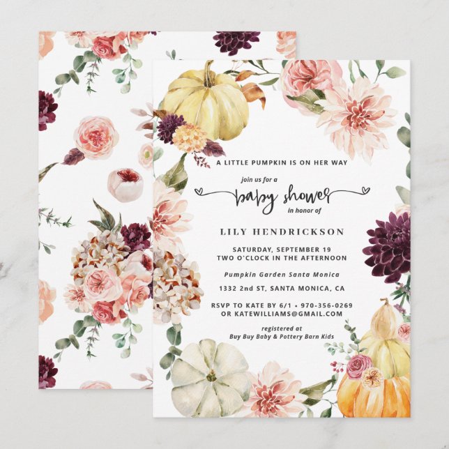 Carte Élégant Citrouille floral | Baby shower d'automne (Devant / Derrière)