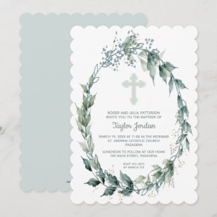 Carte Elégant Croix Bleue Verdure Wreath Baptism Invitat