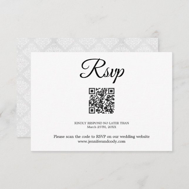 Carte Elegant Damask RSVP QR Code Mariage Card (Devant / Derrière)
