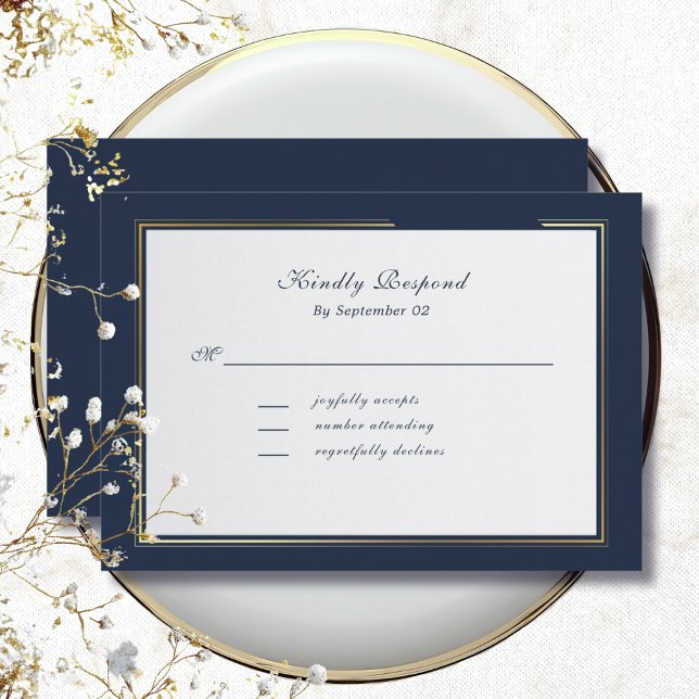 Carte Elegant Dark Navy Gold Frame Traditional  RSVP (Créateur téléchargé)