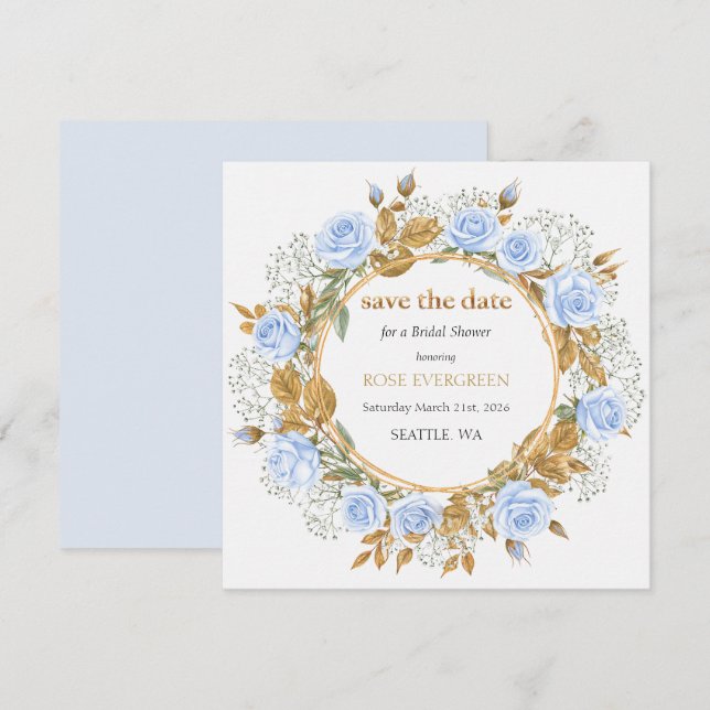 Carte Elégant Dusty Blue Roses Enregistrer la date (Devant / Derrière)