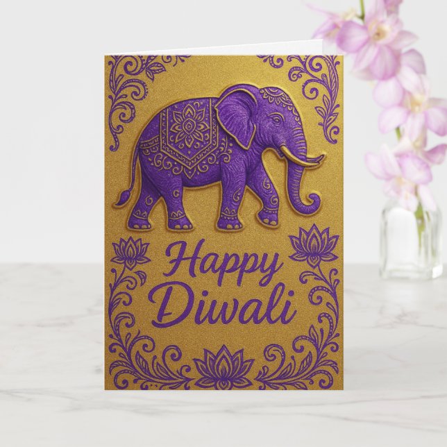 Carte Elegant Elephant & Lotus Happy Diwali Salutation (Orchidée)