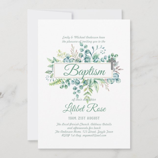 Carte Elégant Eucalyptus Baptême Baptême Vert Christenin (Devant)