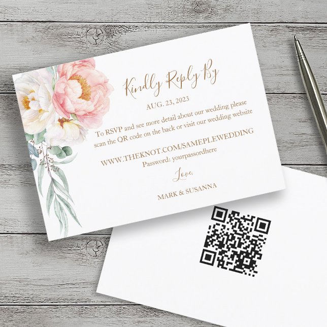 Carte Elégant Eucalyptus Peonies Mariage RSVP (code QR) (Créateur téléchargé)