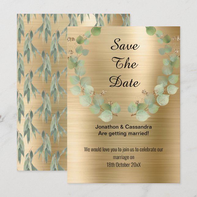 CARTE ÉLÉGANT EUCALYPTUS WREATH SAGE OR SAUVER LA DATE (Devant / Derrière)