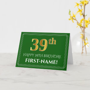 Carte Élégant Faux Aspect Or 39e Anniversaire, Nom (Vert