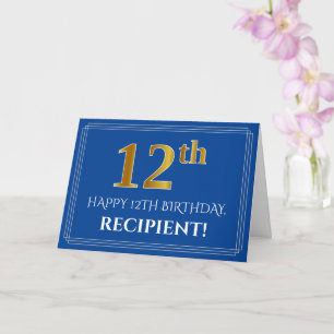 Carte Elégant Faux Gold Look 12e anniversaire, nom (bleu