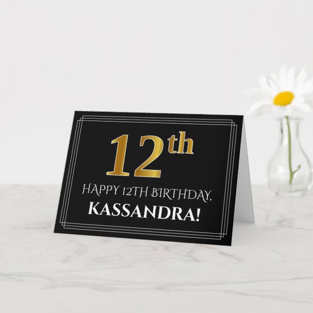 Carte Elégant Faux Gold Look "12ème" Anniversaire + Nom (Petite plante)
