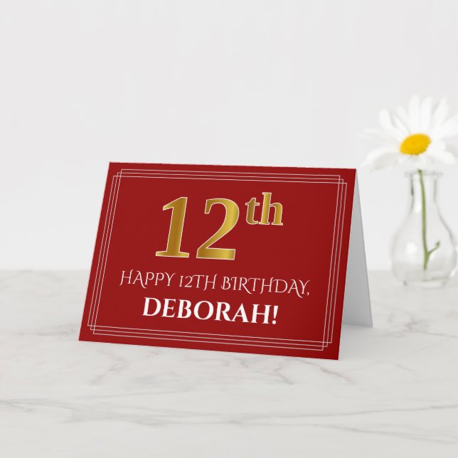 Carte Elégant Faux Gold Look "12ème" Anniversaire, Nom ( (Petite plante)