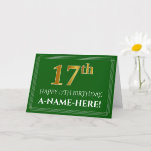Carte Elégant Faux Gold Look 17e anniversaire, nom (vert