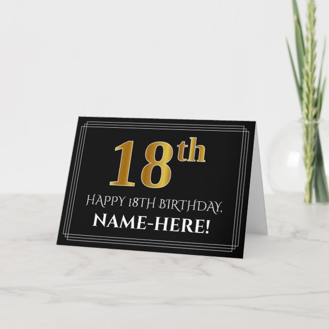Carte Elégant Faux Gold Look "18ème" Anniversaire + Nom (Devant)