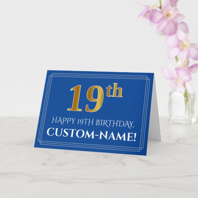 Carte Elégant Faux Gold Look 19e anniversaire, nom (bleu (Orchidée)