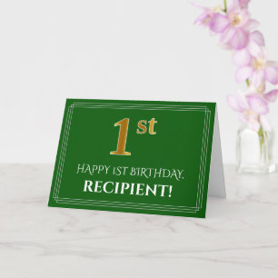 Carte Elégant Faux Gold Look 1er Anniversaire, Nom (Vert