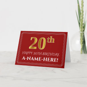Carte Elégant Faux Gold Look "20ème" Anniversaire, Nom (