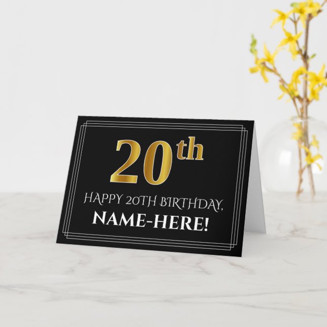 Carte Elégant Faux Gold Look "20ème" Anniversaire + Nom (Fleur jaune)