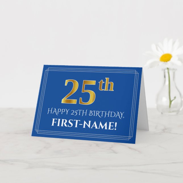 Carte Elégant Faux Gold Look 25e anniversaire, nom (bleu (Petite plante)