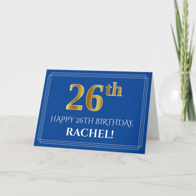 Carte Elégant Faux Gold Look 26e anniversaire, nom (bleu (Devant)