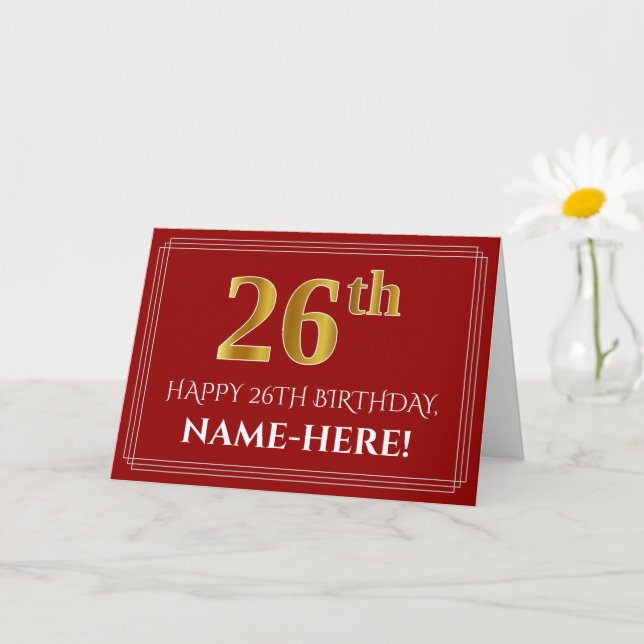 Carte Elégant Faux Gold Look "26ème" Anniversaire, Nom ( (Petite plante)