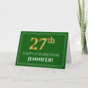 Carte Elégant Faux Gold Look 27e anniversaire, nom (vert