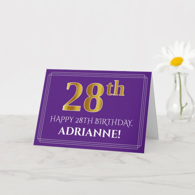 Carte Elégant Faux Gold Look 28e anniversaire, nom; viol (Petite plante)