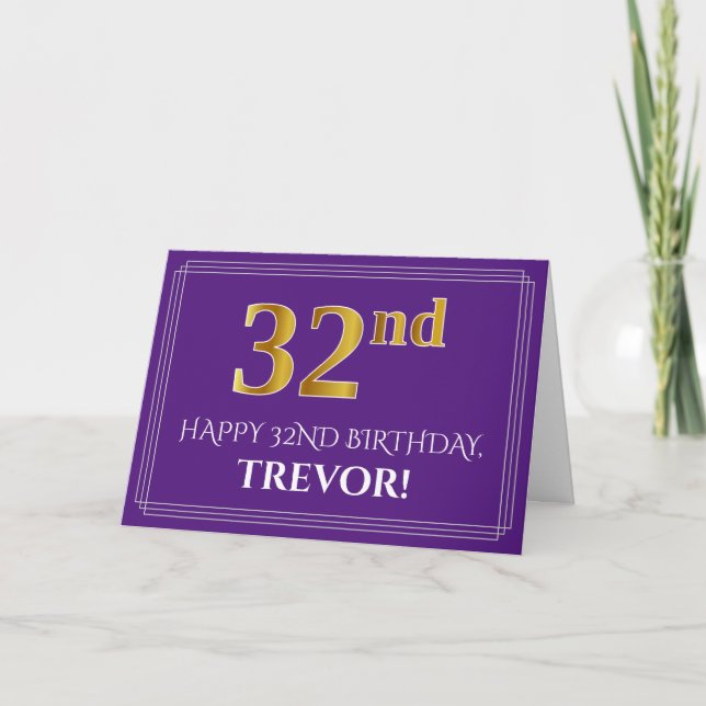 Carte Elégant Faux Gold Look 32e anniversaire, nom;Viole (Devant)