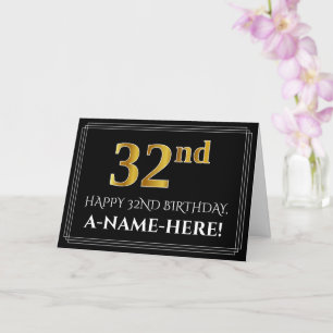 Carte Elégant Faux Gold Look "32ème" Anniversaire + Nom