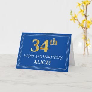 Carte Elégant Faux Gold Look 34e anniversaire, nom (bleu