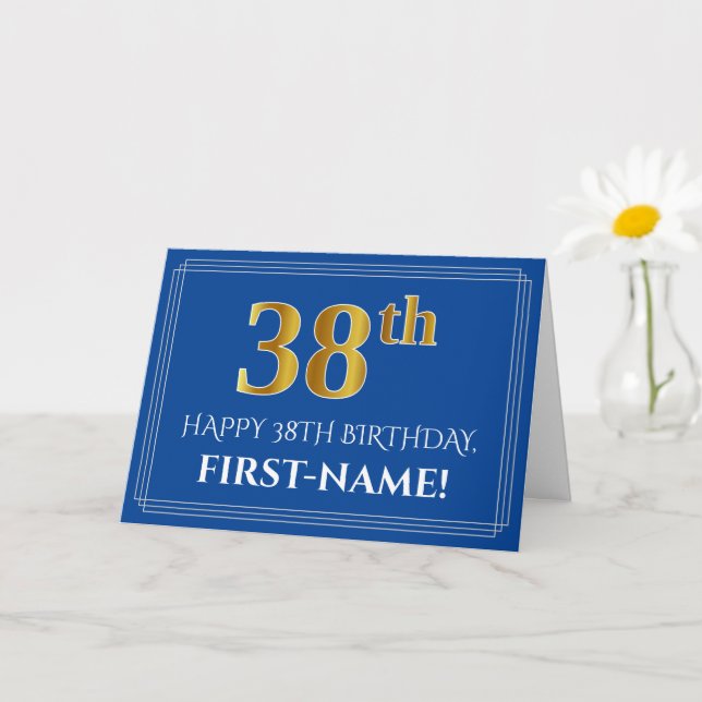 Carte Elégant Faux Gold Look 38e anniversaire, nom (bleu (Petite plante)