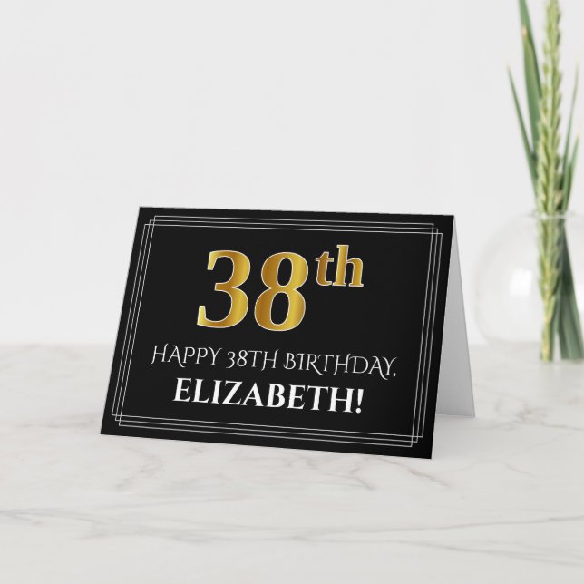 Carte Elégant Faux Gold Look "38ème" Anniversaire + Nom (Devant)