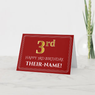 Carte Elégant Faux Gold Look "3ème" Anniversaire, Nom (R