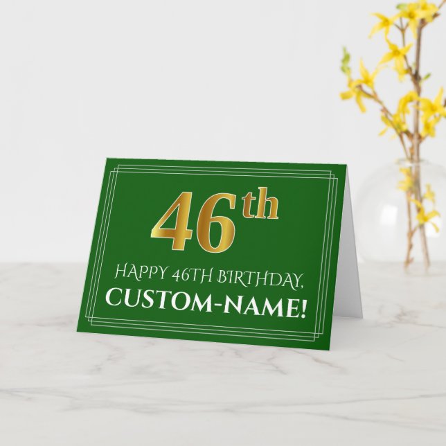 Carte Elégant Faux Gold Look 46e anniversaire, nom (vert (Fleur jaune)