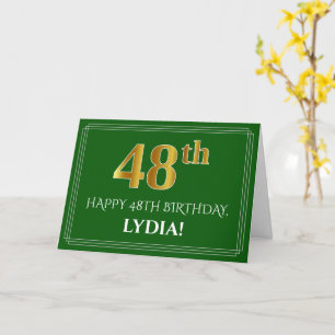 Carte Elégant Faux Gold Look 48e anniversaire, nom (vert