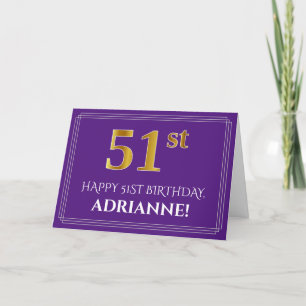 Carte Elégant Faux Gold Look 51e anniversaire, nom; viol