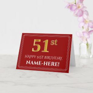 Carte Elégant Faux Gold Look "51ème" Anniversaire, Nom (
