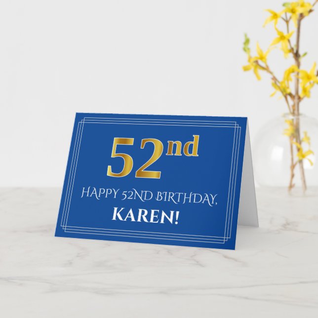 Carte Elégant Faux Gold Look 52e anniversaire, nom (bleu (Fleur jaune)