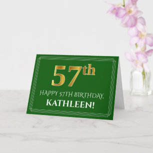 Carte Elégant Faux Gold Look 57e anniversaire, nom (vert