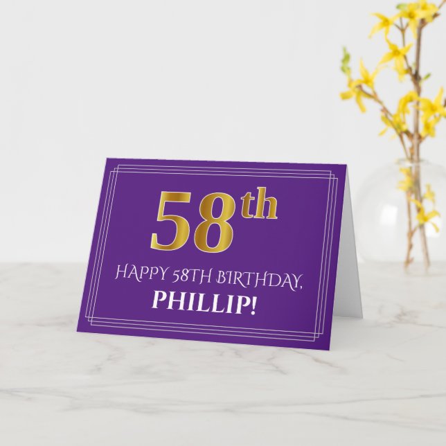 Carte Elégant Faux Gold Look 58e anniversaire, nom;Viole (Fleur jaune)