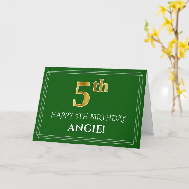 Carte Elégant Faux Gold Look 5e anniversaire, nom (vert) (Fleur jaune)