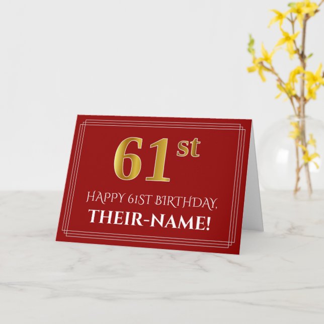Carte Elégant Faux Gold Look "61ème" Anniversaire, Nom ( (Fleur jaune)