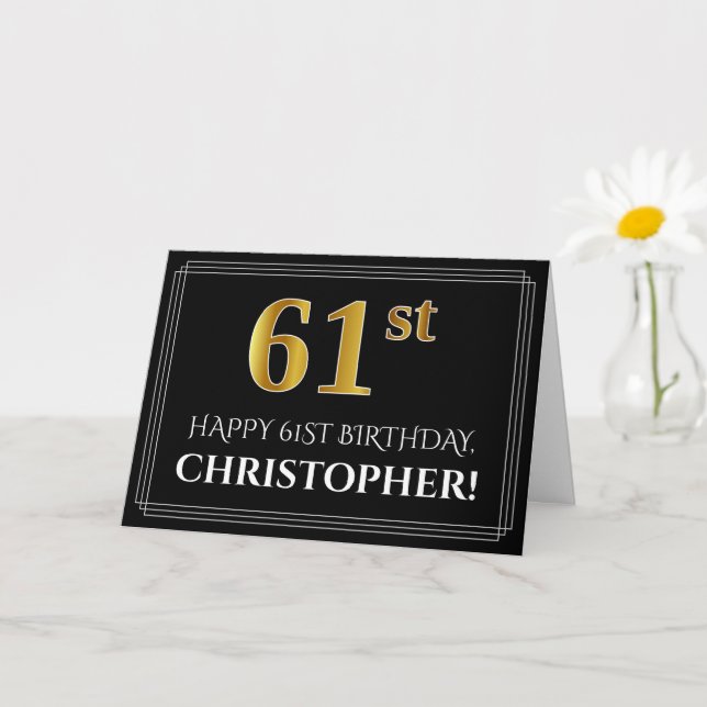 Carte Elégant Faux Gold Look "61ème" Anniversaire + Nom (Petite plante)