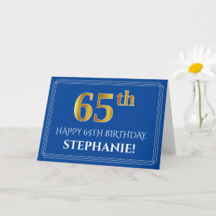 Carte Elégant Faux Gold Look 65e anniversaire, nom (bleu