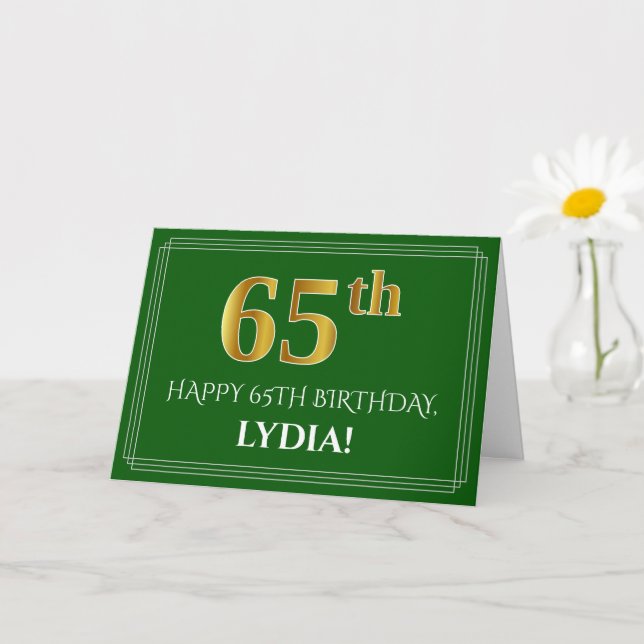 Carte Elégant Faux Gold Look 65e anniversaire, nom (vert (Petite plante)